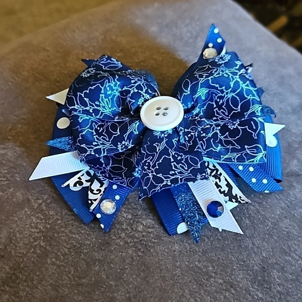 HANDMADE Blue Button Ribbon Coquette Hair Bow Clip